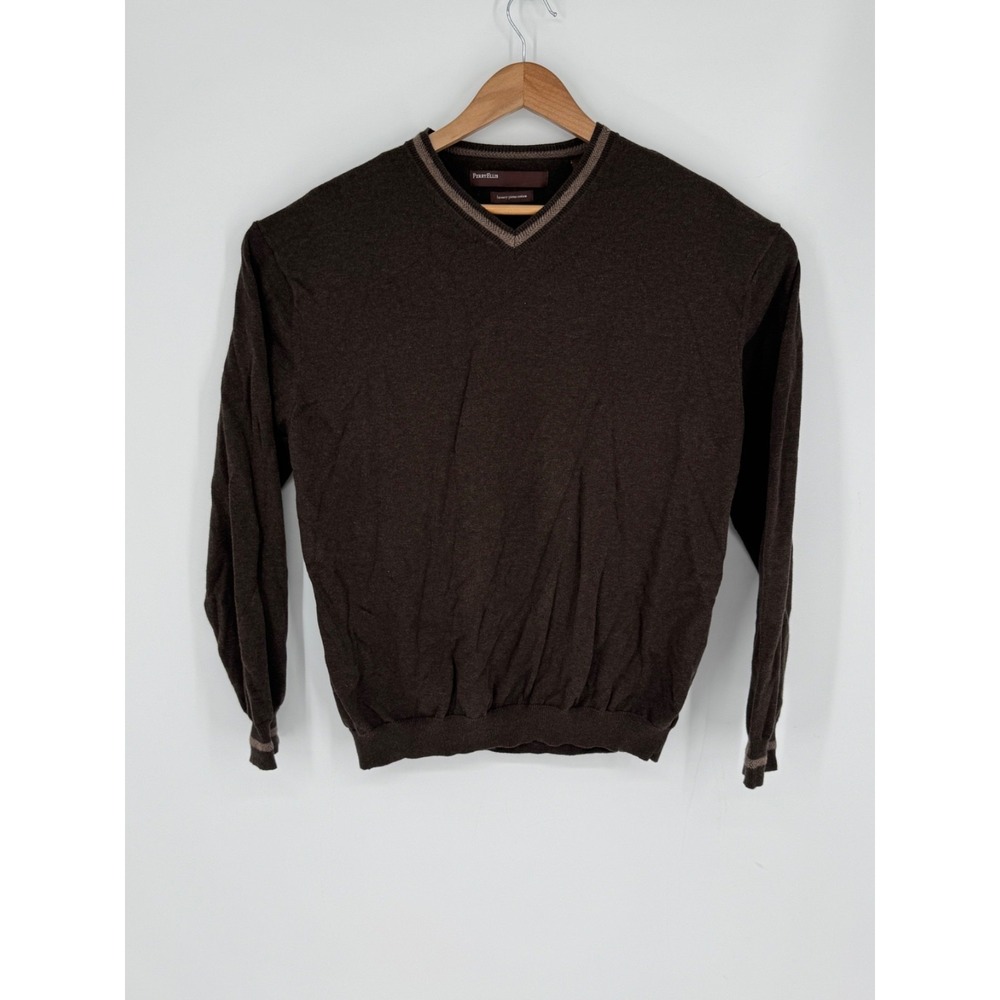 Perry Ellis Men's Pima Cotton V-Neck Sweater Size XL Brown Beige Trim Warm G2